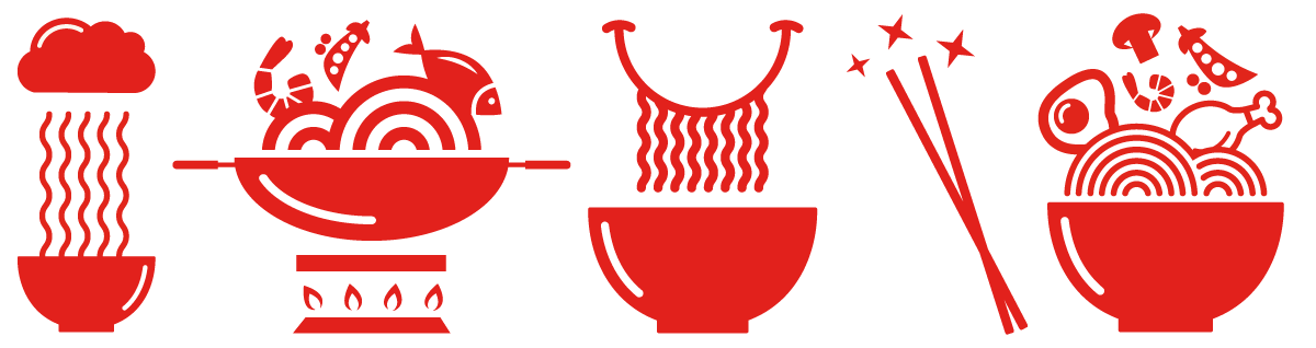 miso tasty branding, 4 symbols, one to represent hot steam coming out of a bowl on a cold day, one that depicts fish and shrimp being cooked in a pot, one to represent noodles give you a smile and one bowl full of other ingredients